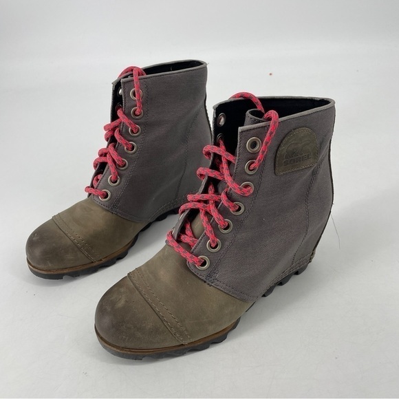 Sorel PDX NL2174-051 Grey Brown Leather Wedge Lace Up Ankle Boots Womens 8 - Picture 1 of 8